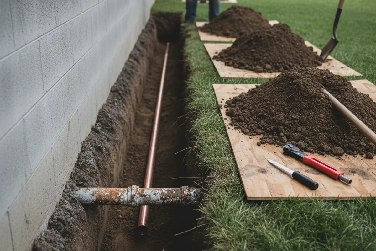 Excavated water line trench during Sewer Line Repair in Niota